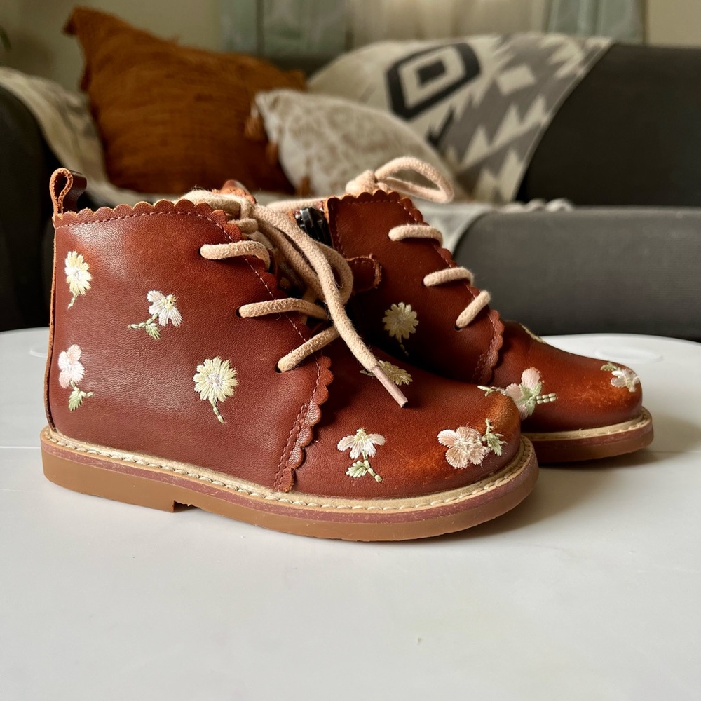 Brown Floral Embroidered Leather Kids Will Marie Boots